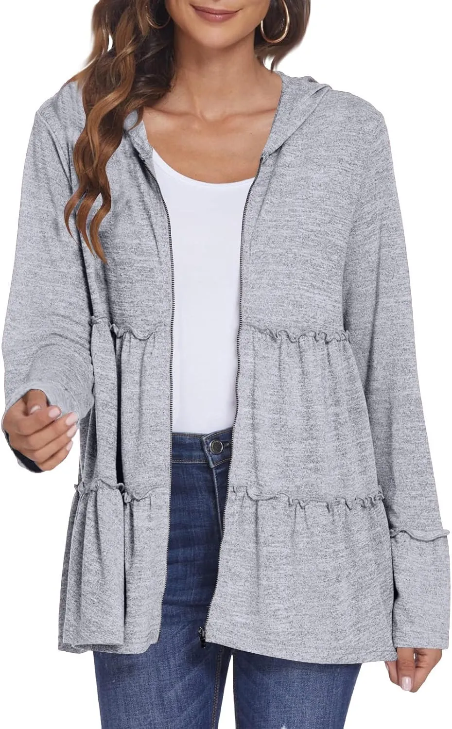 Women's Zip Up Blouses Long Sleeve V Neck Dressy Peplum Casual Tops Babydoll Shirts Fashion Lightweight Hoodies