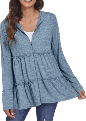Women's Zip Up Blouses Long Sleeve V Neck Dressy Peplum Casual Tops Babydoll Shirts Fashion Lightweight Hoodies