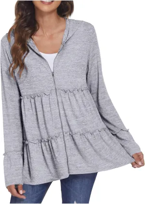 Women's Zip Up Blouses Long Sleeve V Neck Dressy Peplum Casual Tops Babydoll Shirts Fashion Lightweight Hoodies