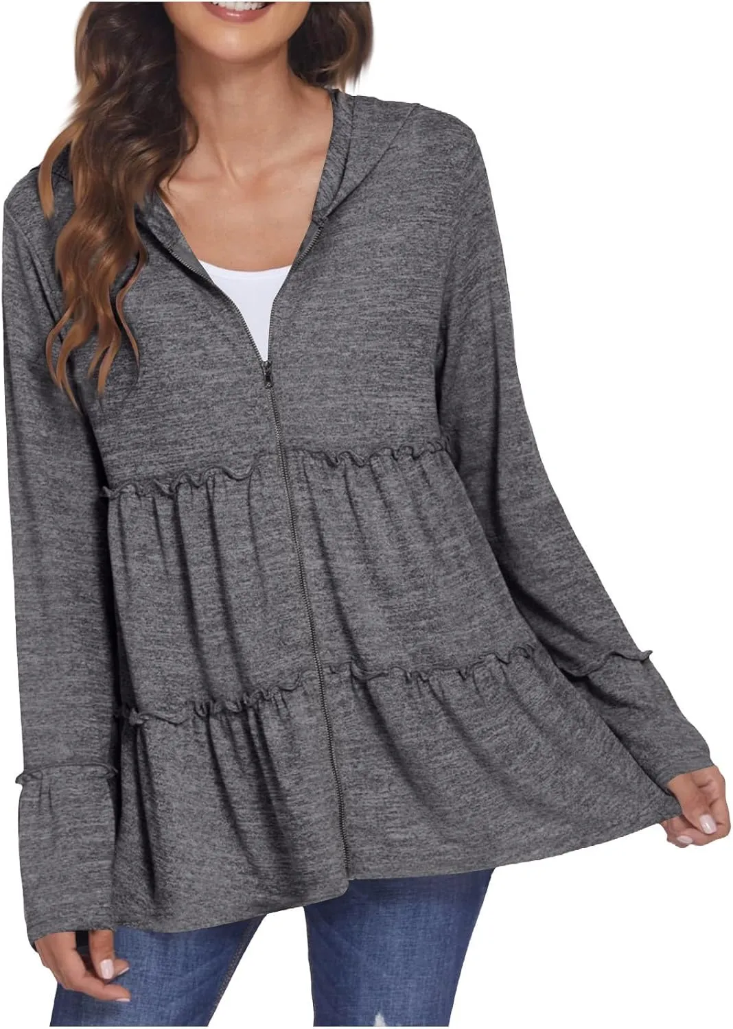 Women's Zip Up Blouses Long Sleeve V Neck Dressy Peplum Casual Tops Babydoll Shirts Fashion Lightweight Hoodies