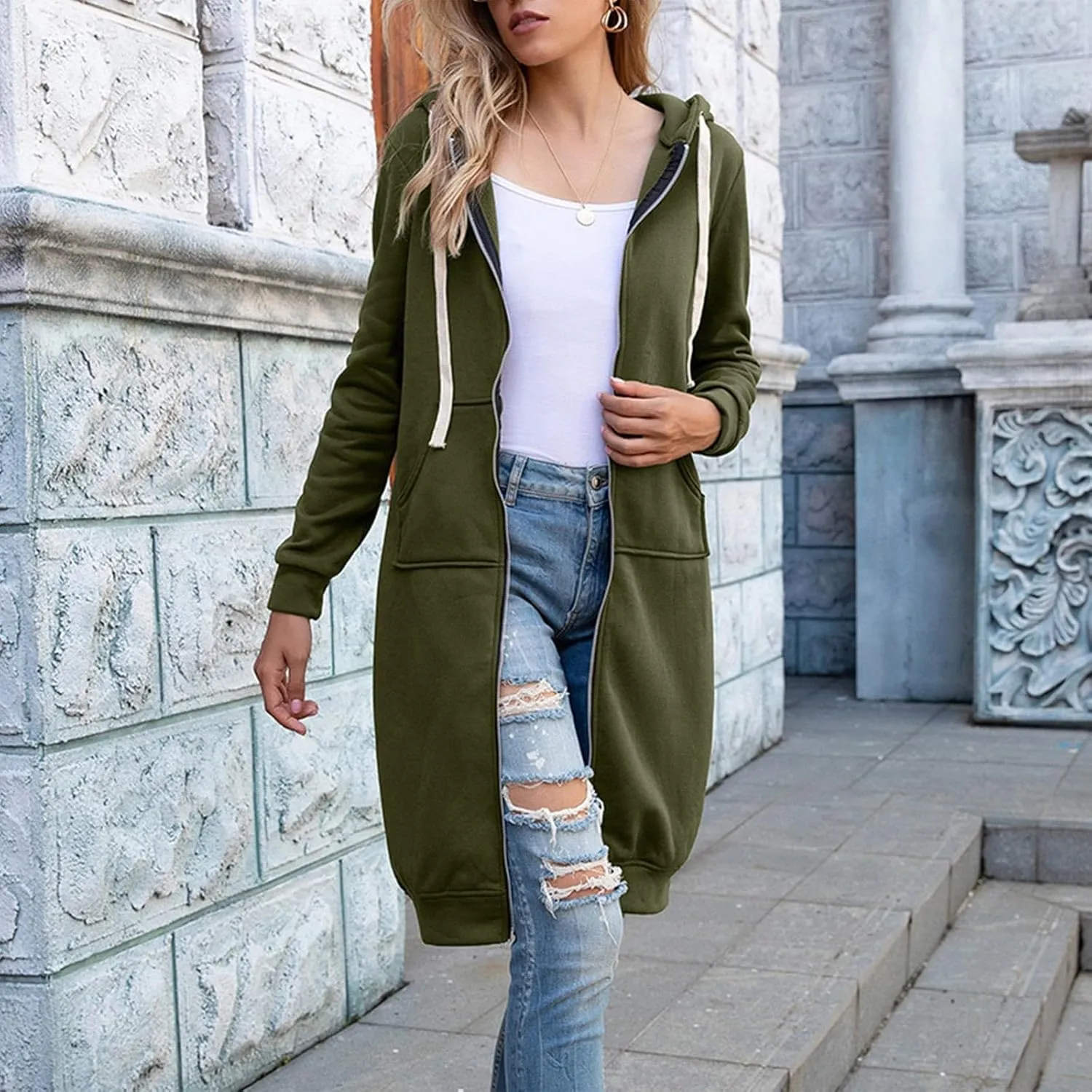 Womens Zip Up Long Sleeve Hoodies Sweatshirt Fleece Jackets 2024 Fall Fashion Outfits Winter Clothes Long Coats