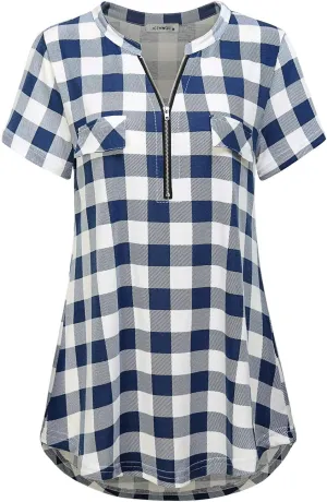Women's Zip Up V Neck Short Sleeve Casual Tunic Shirt