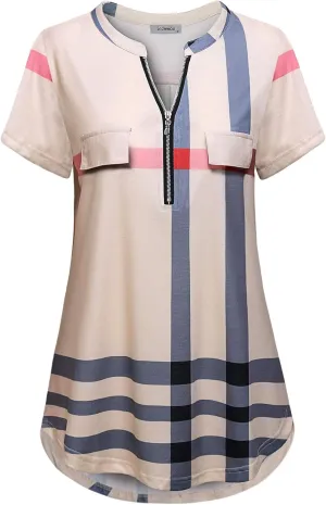 Women's Zip Up V Neck Short Sleeve Casual Tunic Shirt