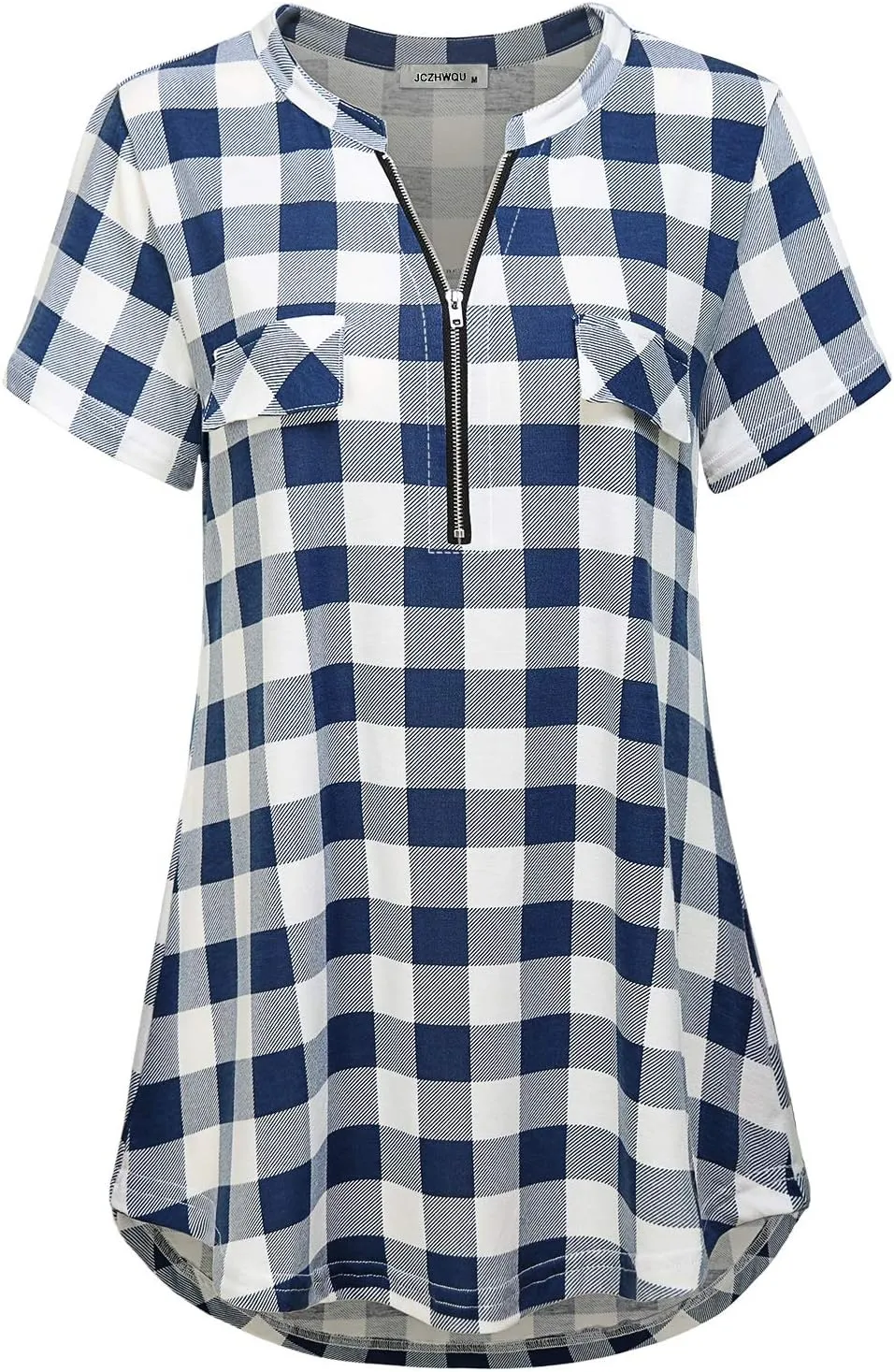 Women's Zip Up V Neck Short Sleeve Casual Tunic Shirt