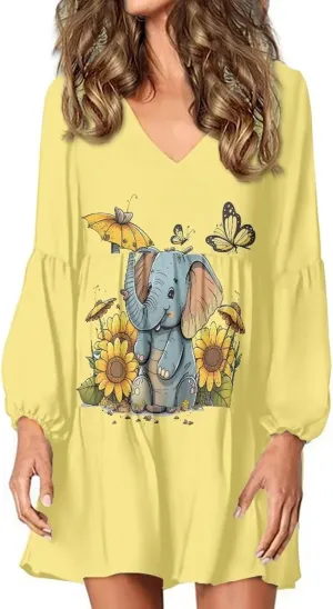 Xhuibop Women Tunic Dress Long Sleeve Flowy Swing Ruffle Dress Plus Size