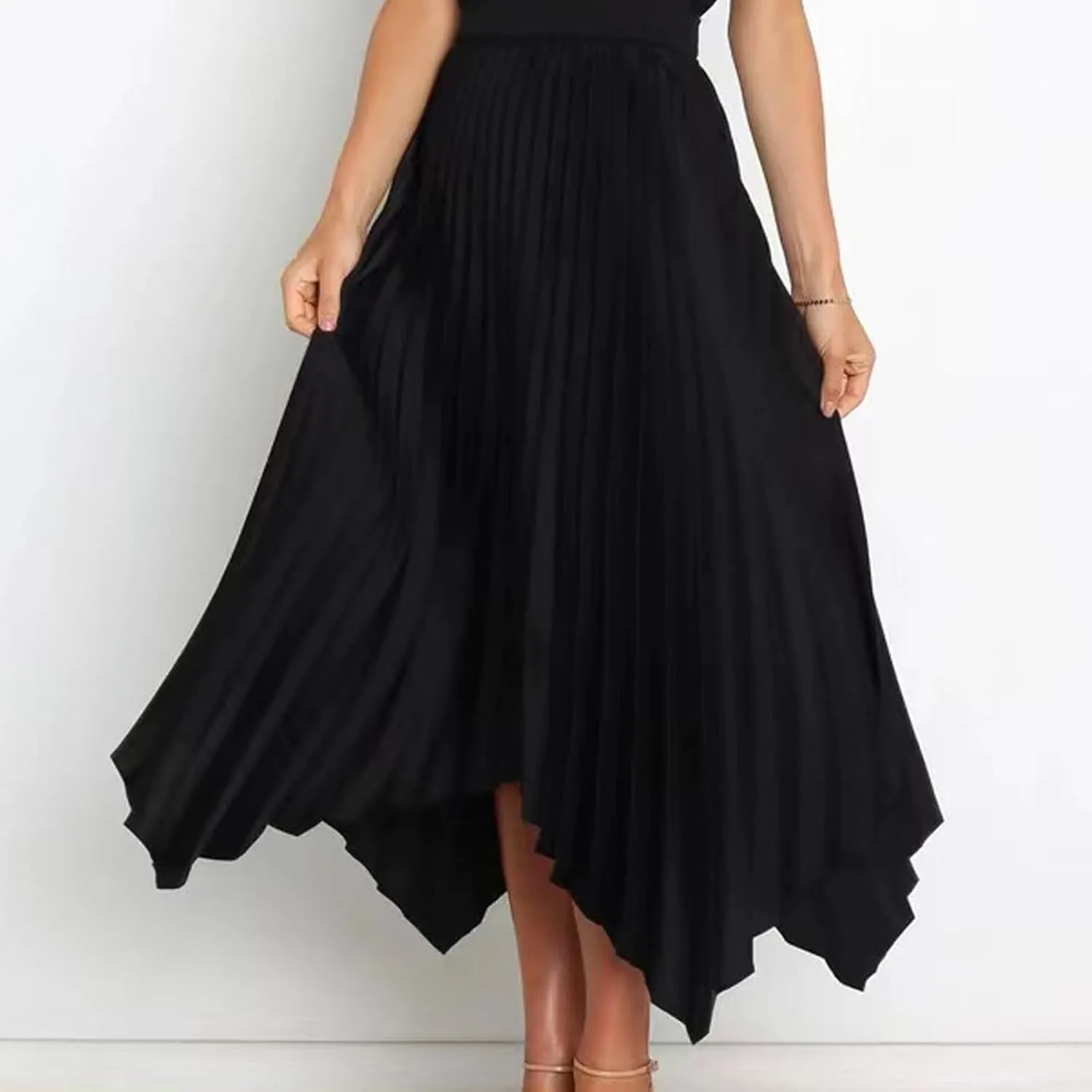Xiaojmake Pleated Chiffon Skirts for Women High Elastic Waisted Flowy Asymmetrical Skirt Dressy High Low Summer Midi Skirts
