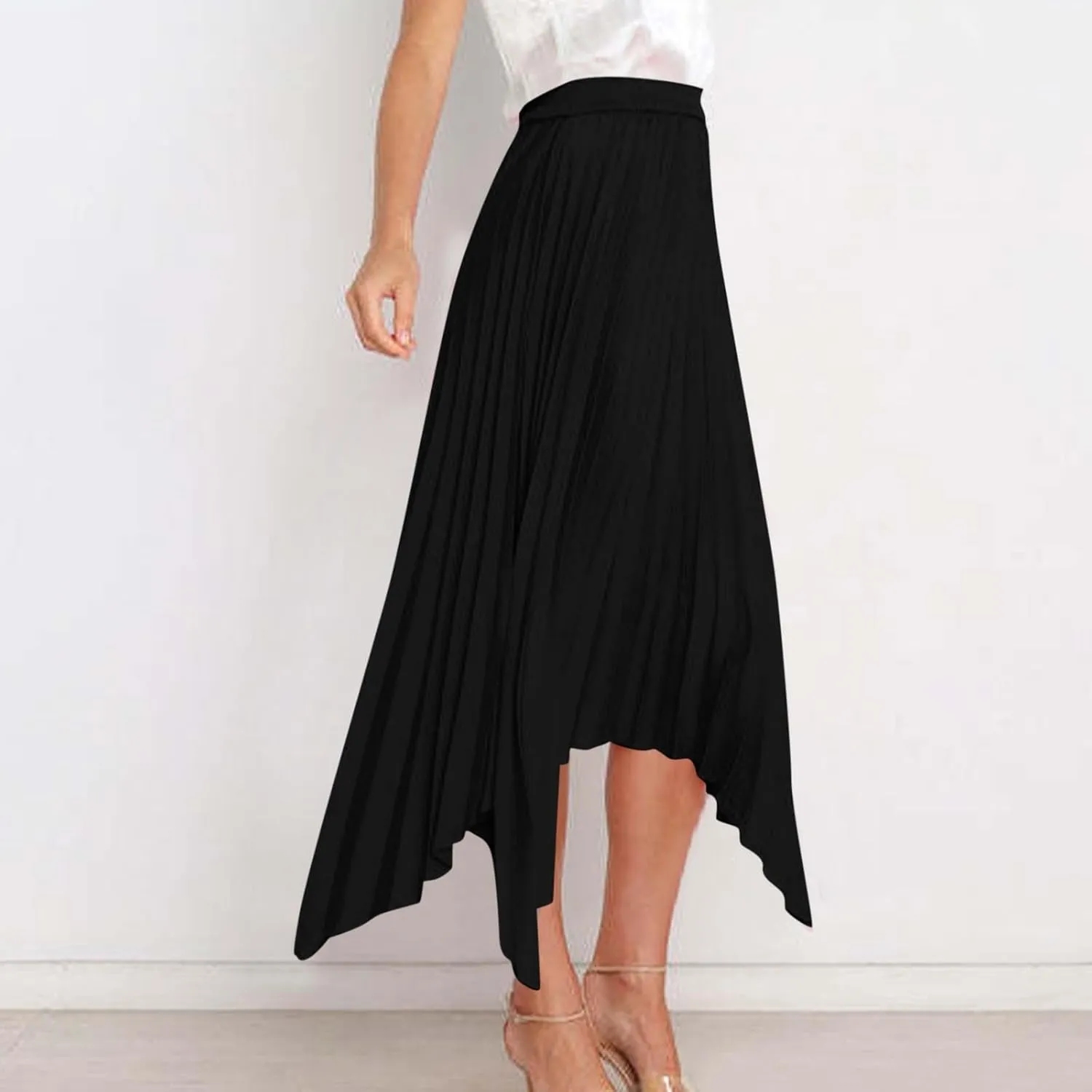 Xiaojmake Pleated Chiffon Skirts for Women High Elastic Waisted Flowy Asymmetrical Skirt Dressy High Low Summer Midi Skirts