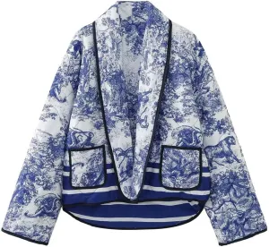 Yimoon Women's Cropped Puffer Quilted Jacket Vintage Floral Print Oversized Open Front Lightweight Short Jacket Outwear