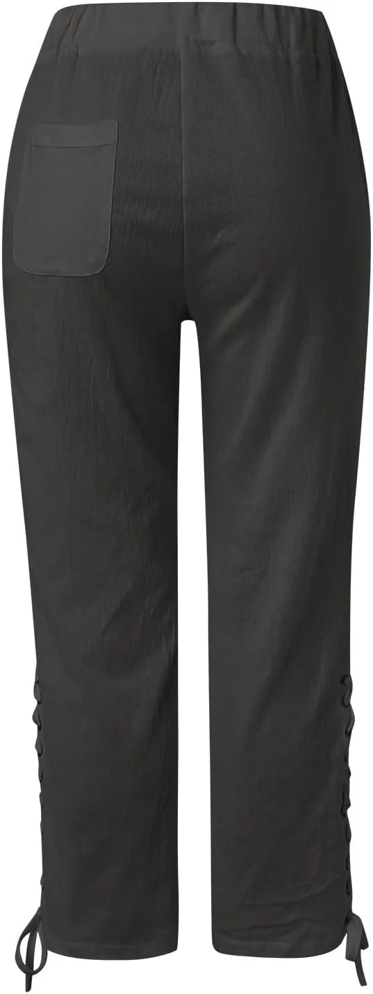 YOLAI Cropped Cotton Linen Trousers for Women High Waist Drawstring Pants with Pockets Summer Lightweight Beach Harem Pant (Dark Gray, M)