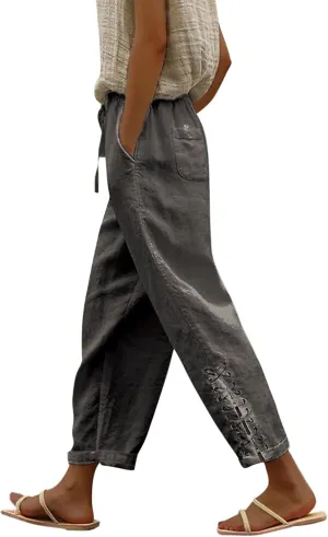 YOLAI Cropped Cotton Linen Trousers for Women High Waist Drawstring Pants with Pockets Summer Lightweight Beach Harem Pant (Dark Gray, M)