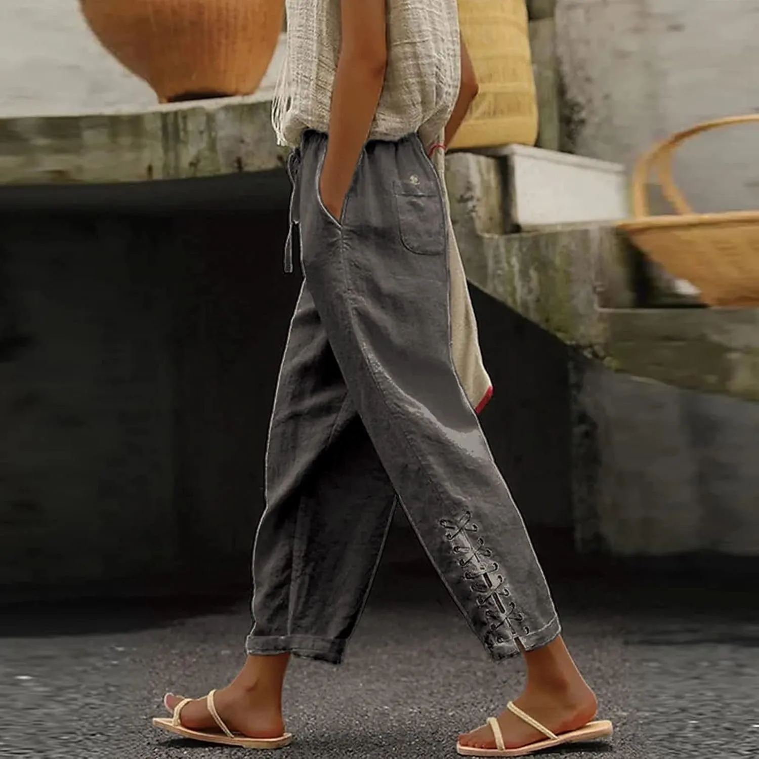 YOLAI Cropped Cotton Linen Trousers for Women High Waist Drawstring Pants with Pockets Summer Lightweight Beach Harem Pant (Dark Gray, M)