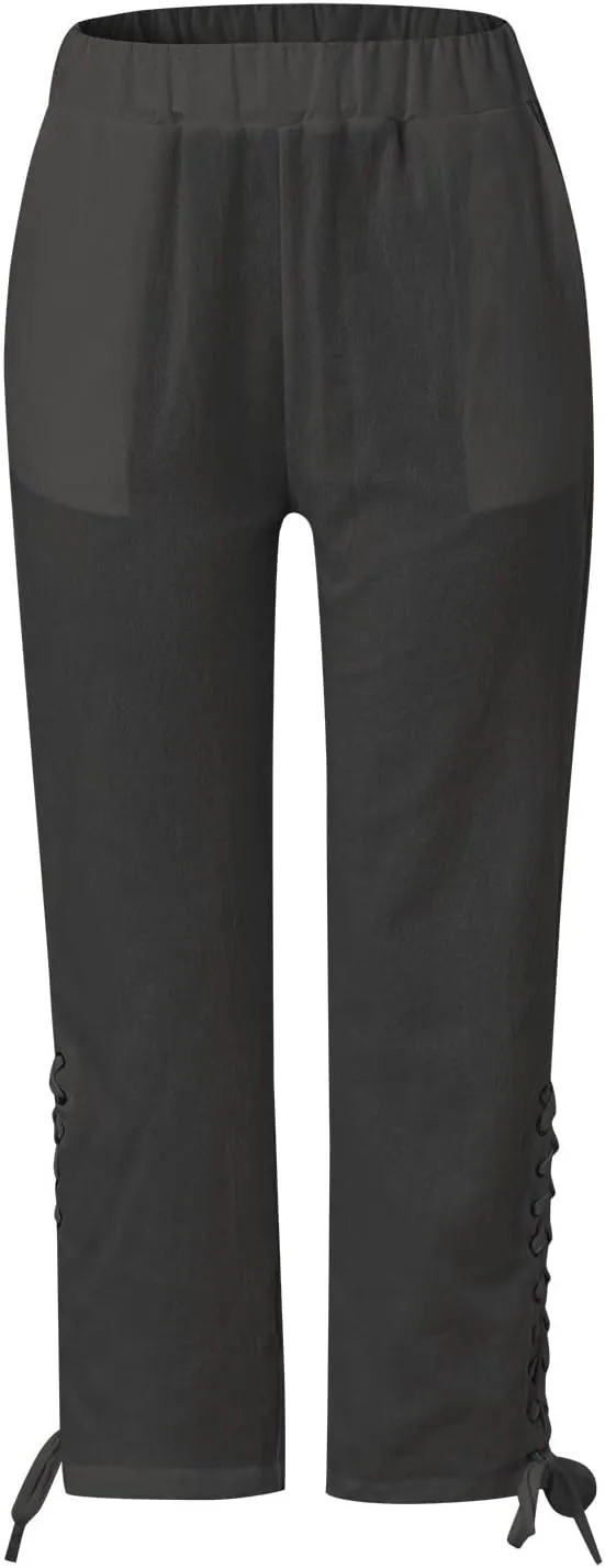 YOLAI Cropped Cotton Linen Trousers for Women High Waist Drawstring Pants with Pockets Summer Lightweight Beach Harem Pant (Dark Gray, M)