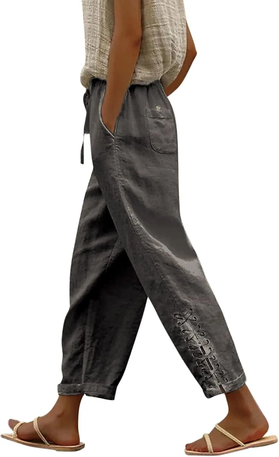 YOLAI Cropped Cotton Linen Trousers for Women High Waist Drawstring Pants with Pockets Summer Lightweight Beach Harem Pant (Dark Gray, M)