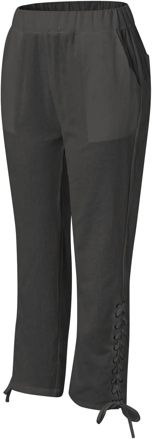 YOLAI Cropped Cotton Linen Trousers for Women High Waist Drawstring Pants with Pockets Summer Lightweight Beach Harem Pant (Dark Gray, M)