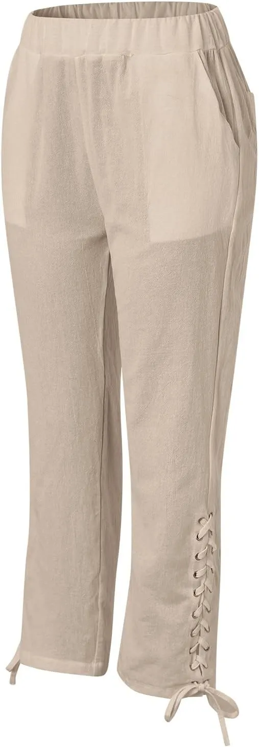 YOLAI Cropped Cotton Linen Trousers for Women High Waist Drawstring Pants with Pockets Summer Lightweight Beach Harem Pant (Khaki, M)