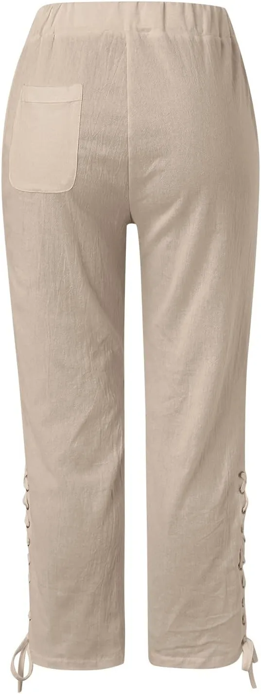 YOLAI Cropped Cotton Linen Trousers for Women High Waist Drawstring Pants with Pockets Summer Lightweight Beach Harem Pant (Khaki, M)
