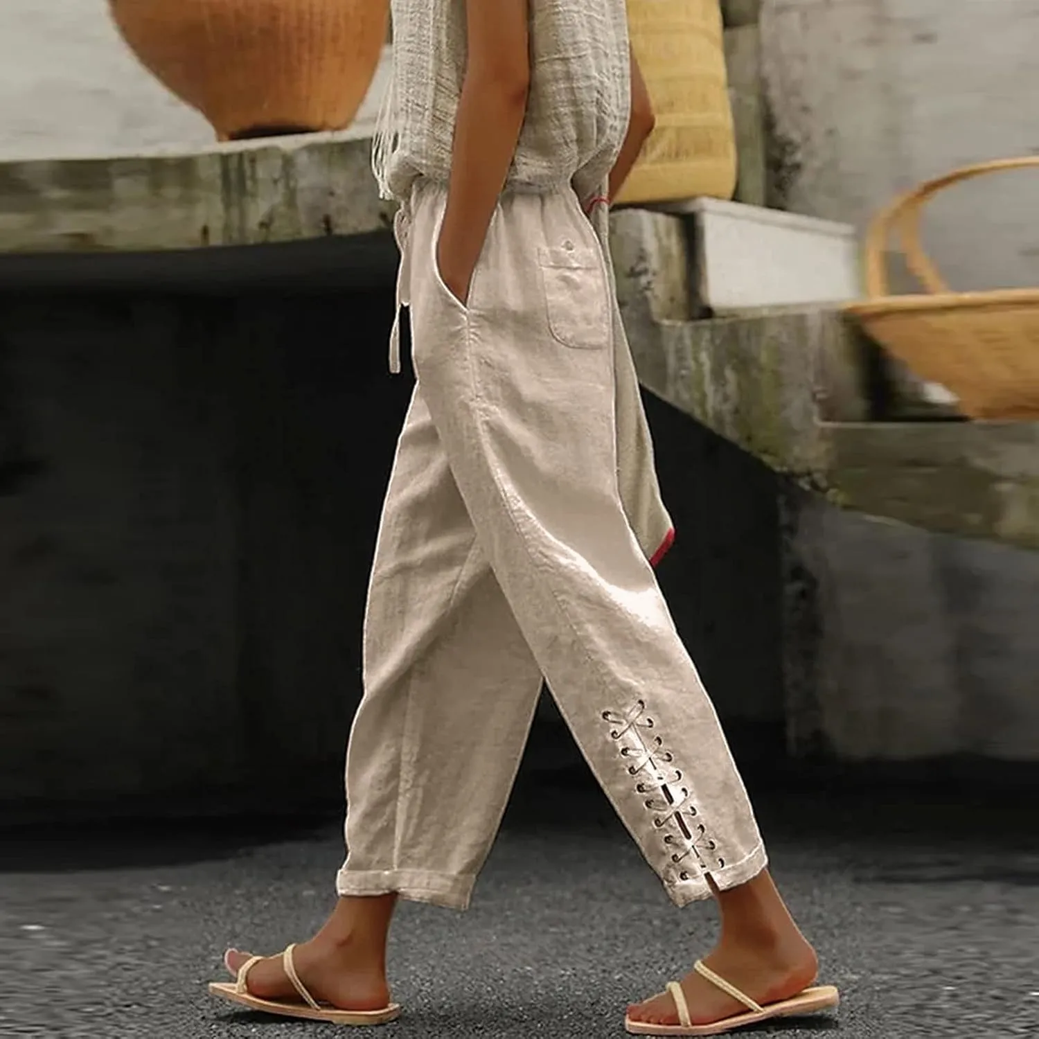 YOLAI Cropped Cotton Linen Trousers for Women High Waist Drawstring Pants with Pockets Summer Lightweight Beach Harem Pant (Khaki, M)