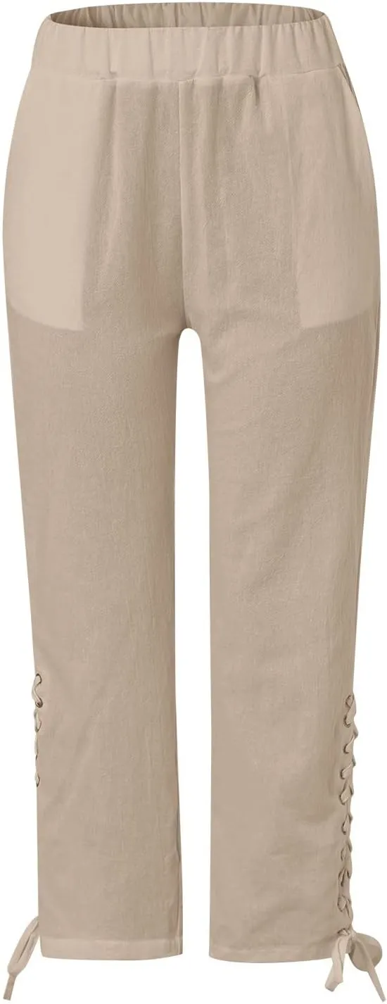 YOLAI Cropped Cotton Linen Trousers for Women High Waist Drawstring Pants with Pockets Summer Lightweight Beach Harem Pant (Khaki, M)