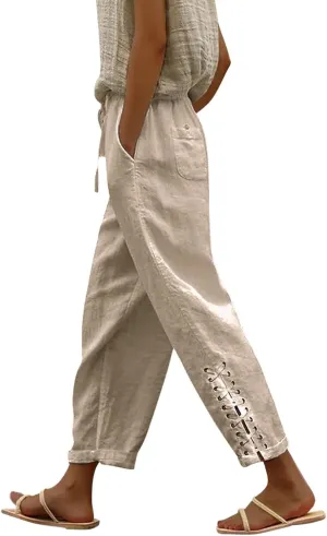 YOLAI Cropped Cotton Linen Trousers for Women High Waist Drawstring Pants with Pockets Summer Lightweight Beach Harem Pant (Khaki, M)