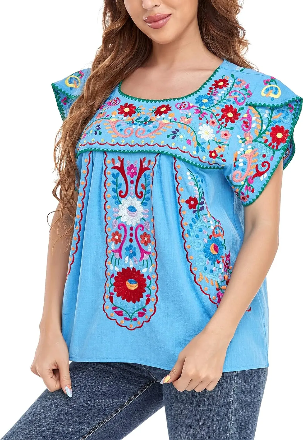 YZXDORWJ Women's Summer Boho Embroidery Mexican Bohemian Tops Shirt Tunic