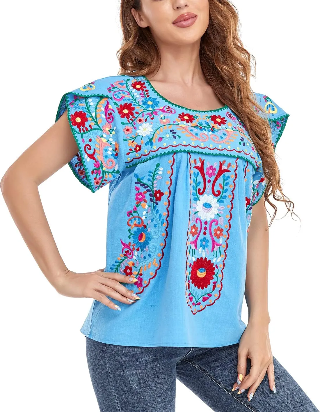 YZXDORWJ Women's Summer Boho Embroidery Mexican Bohemian Tops Shirt Tunic