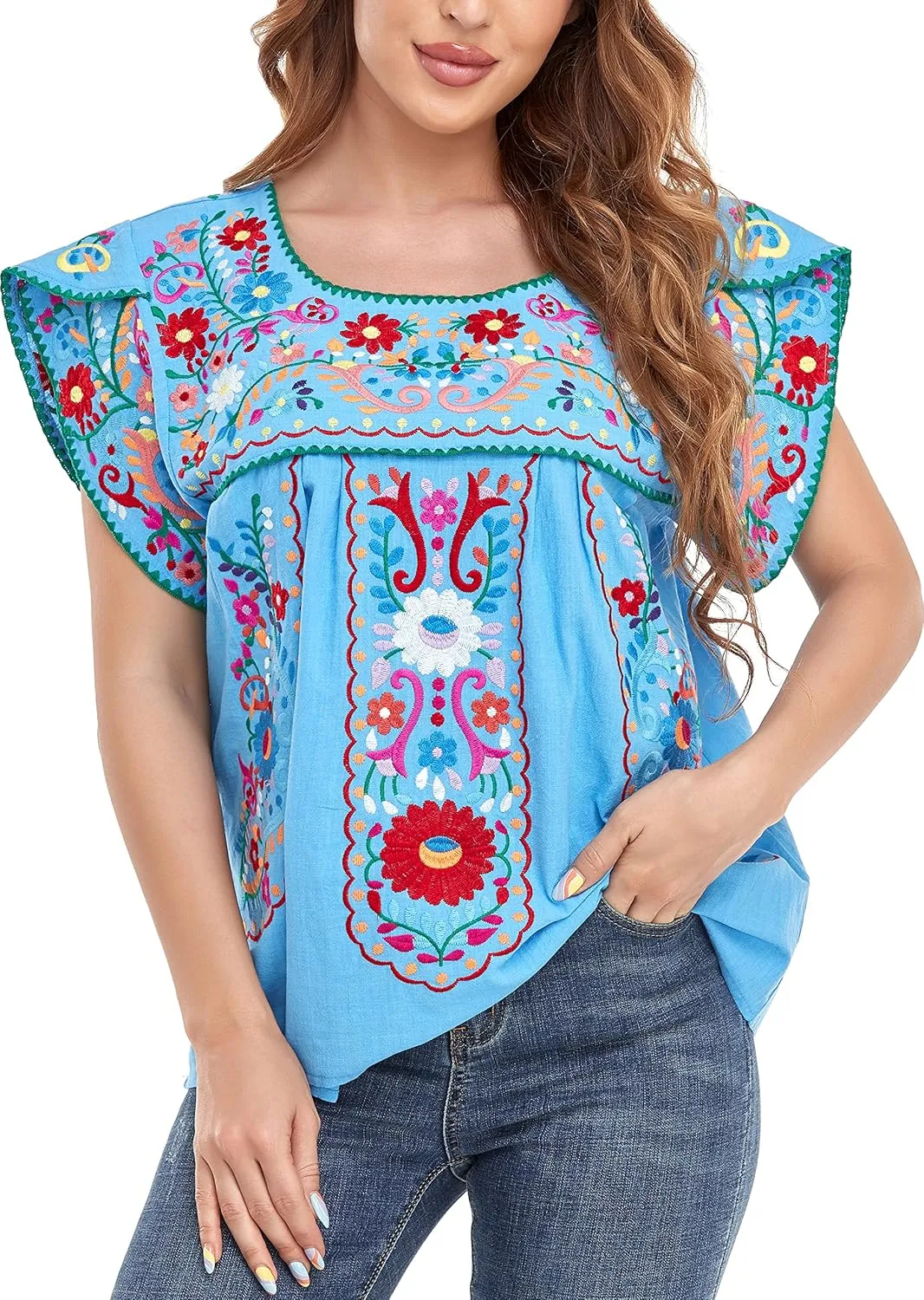 YZXDORWJ Women's Summer Boho Embroidery Mexican Bohemian Tops Shirt Tunic