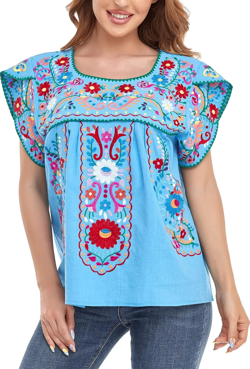 YZXDORWJ Women's Summer Boho Embroidery Mexican Bohemian Tops Shirt Tunic