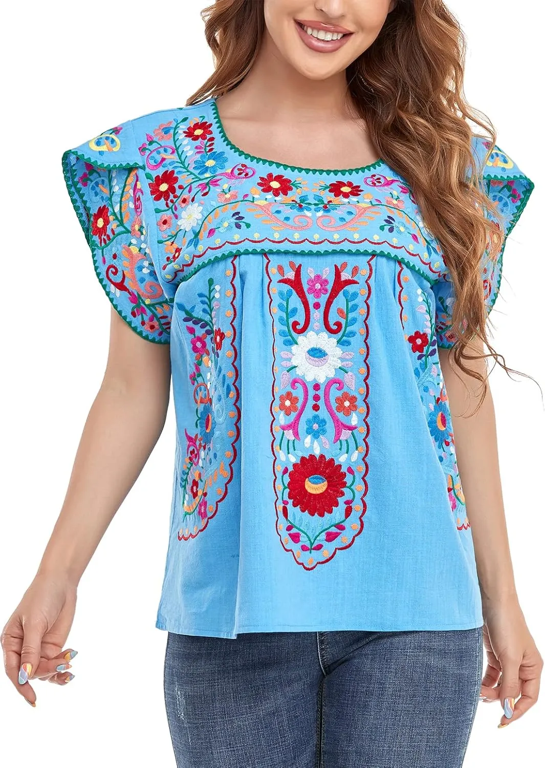 YZXDORWJ Women's Summer Boho Embroidery Mexican Bohemian Tops Shirt Tunic