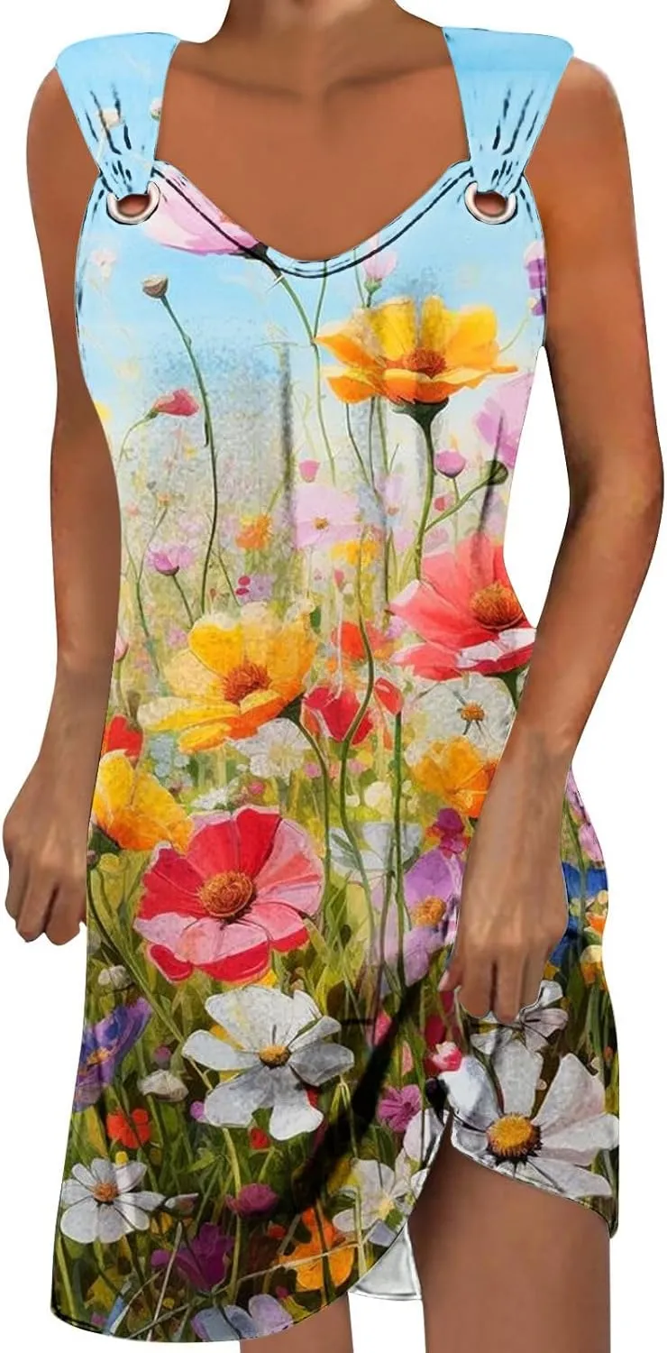 ZDRZK Casual Dresses for Women Boho Floral Print Mini Dress 2024 Vacation Trendy Summer A-Line Sleeveless Sundresses