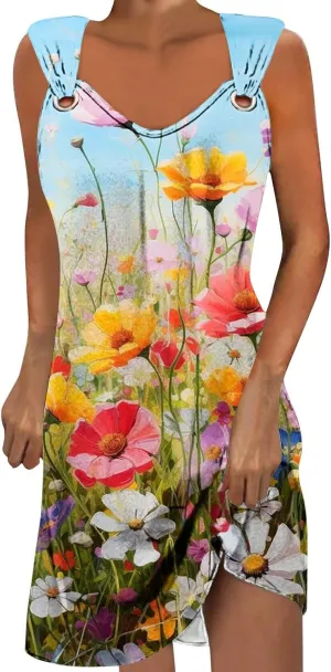 ZDRZK Casual Dresses for Women Boho Floral Print Mini Dress 2024 Vacation Trendy Summer A-Line Sleeveless Sundresses