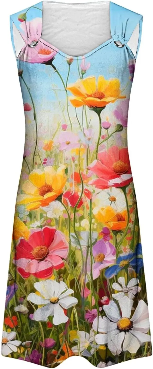 ZDRZK Casual Dresses for Women Boho Floral Print Mini Dress 2024 Vacation Trendy Summer A-Line Sleeveless Sundresses