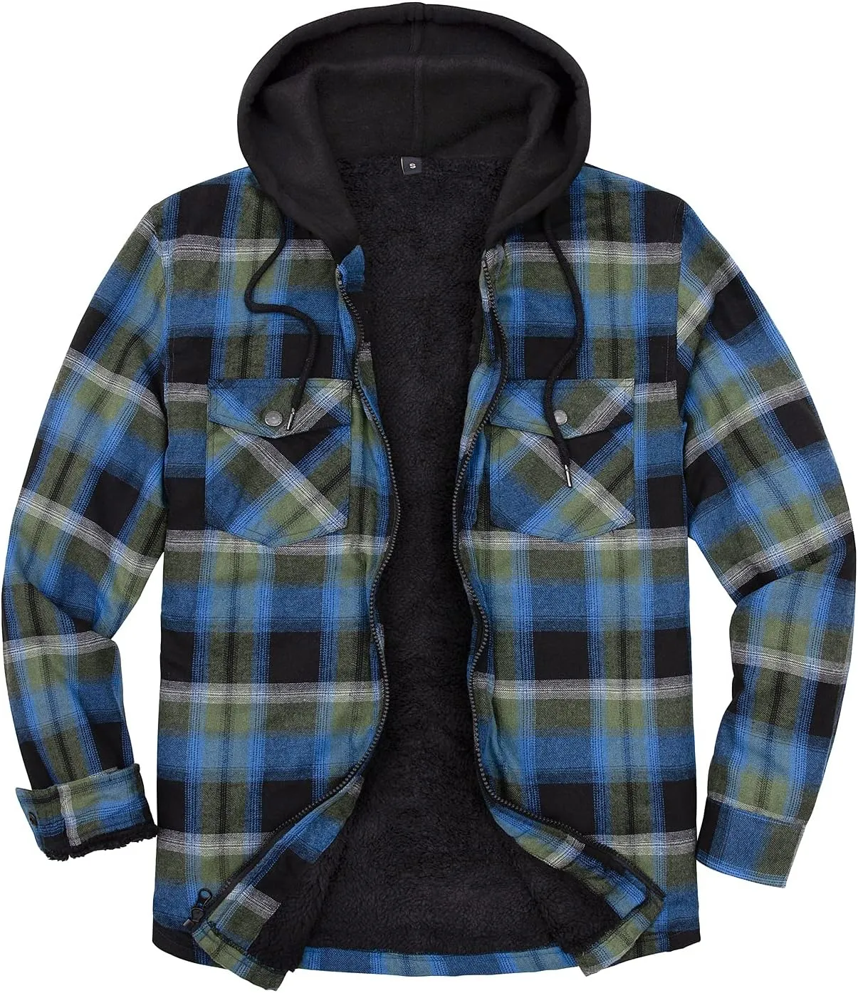 ZENTHACE Men's Sherpa Lined Full Zip Hooded Plaid Shirt Jacket