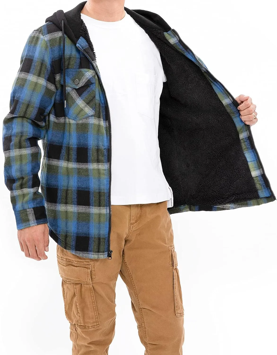 ZENTHACE Men's Sherpa Lined Full Zip Hooded Plaid Shirt Jacket