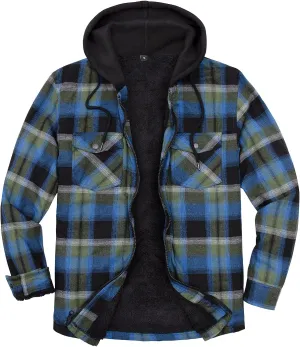 ZENTHACE Men's Sherpa Lined Full Zip Hooded Plaid Shirt Jacket