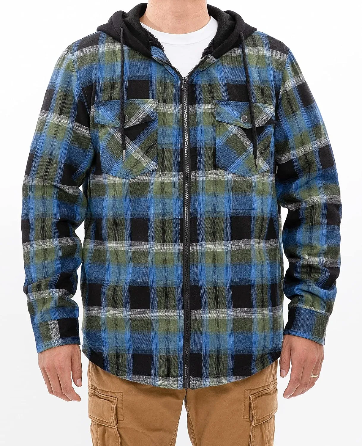 ZENTHACE Men's Sherpa Lined Full Zip Hooded Plaid Shirt Jacket