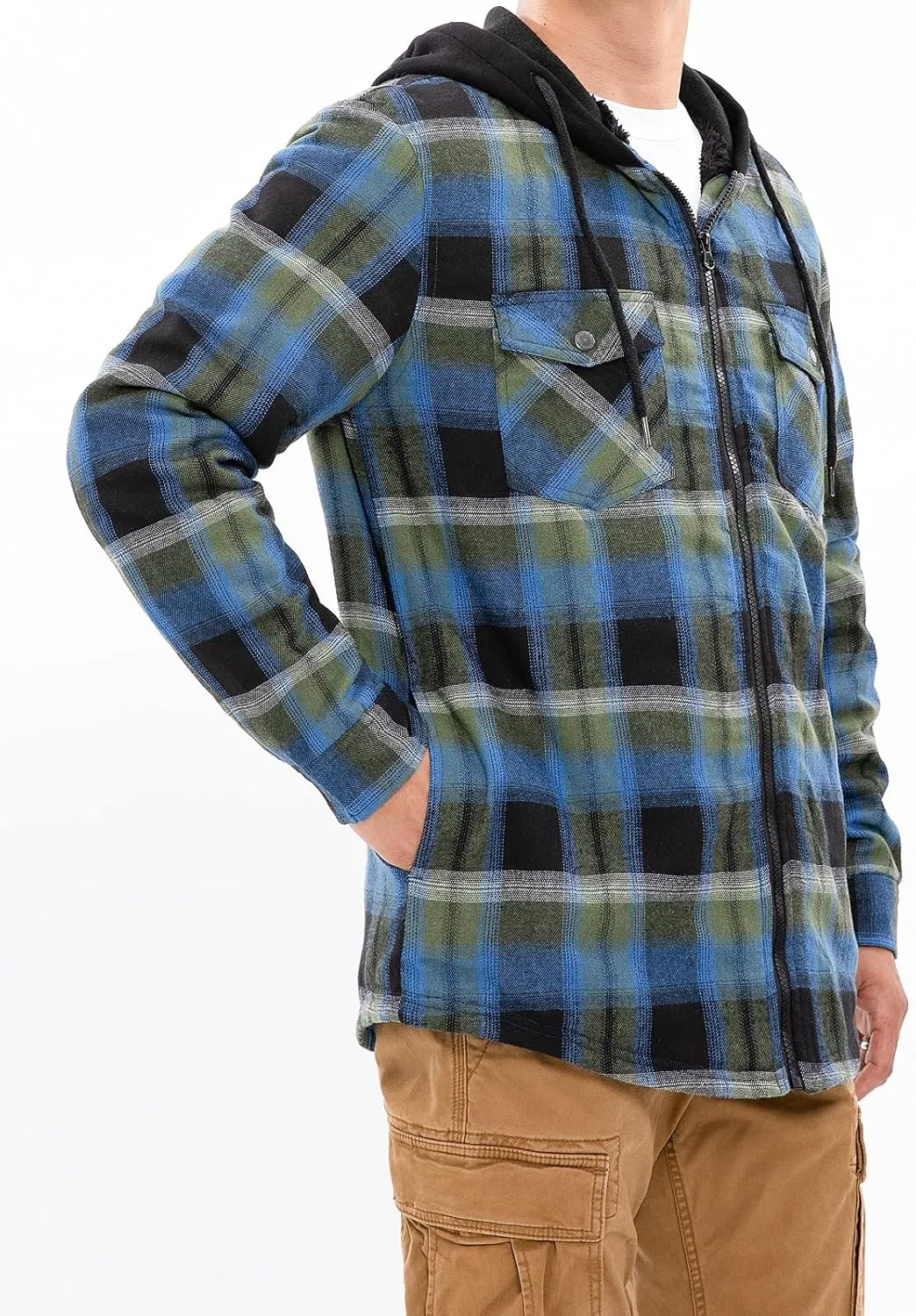 ZENTHACE Men's Sherpa Lined Full Zip Hooded Plaid Shirt Jacket