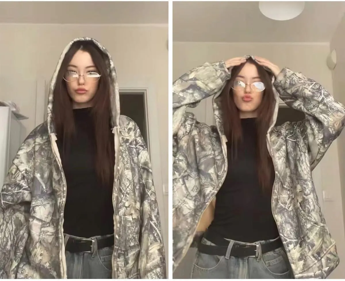 Zip up Camo Hoodie Y2k Oversized Graphic Hoodies Emo Clothes Vintage 2000s Sweatshirts Grunge Jacket Streetwear