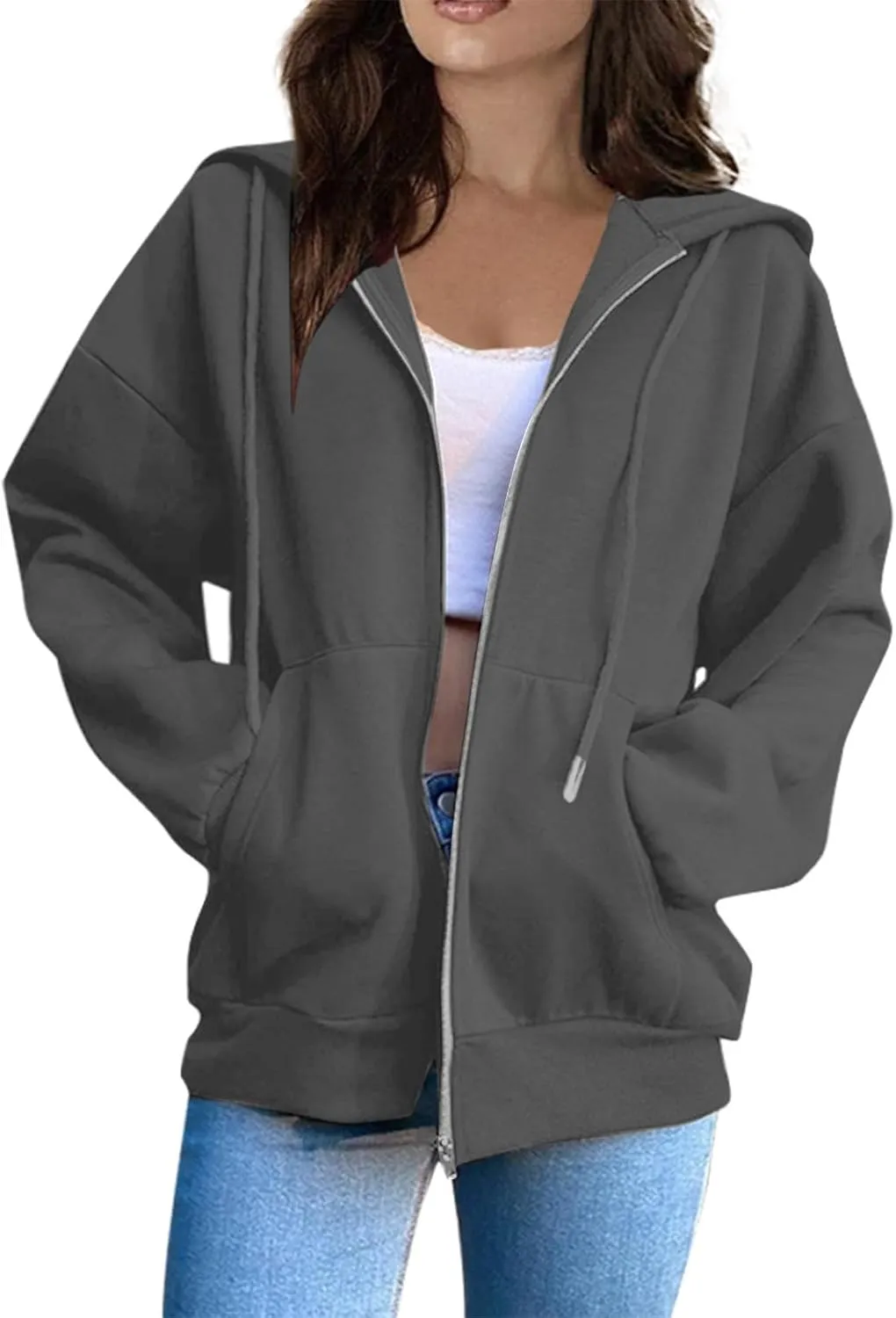 Zip Up Hoodie Women Fleece Oversized Sweatshirt Hoodies Casual Drawstring Athletic Gym Sweat Jackets with Pockets