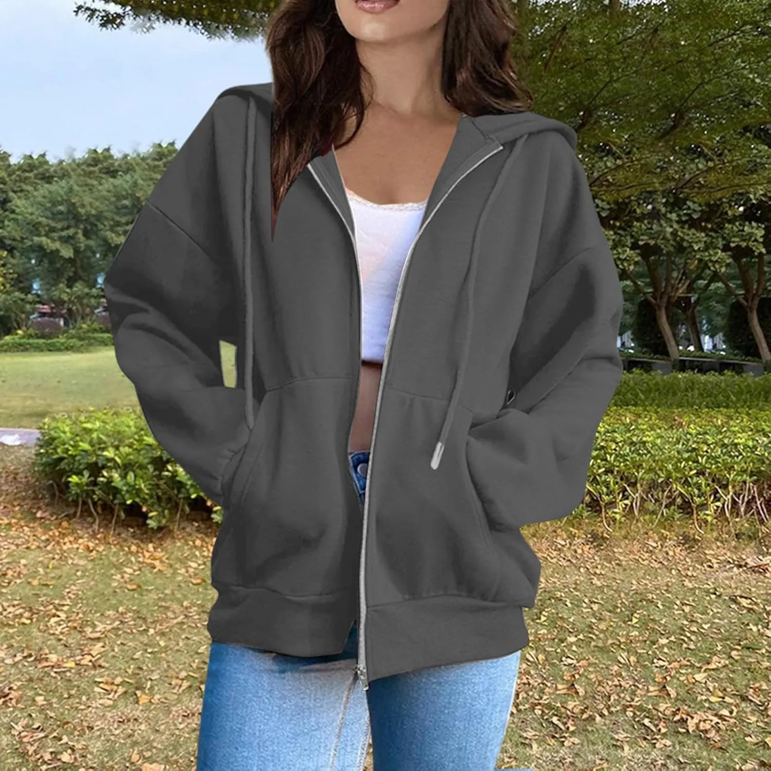 Zip Up Hoodie Women Fleece Oversized Sweatshirt Hoodies Casual Drawstring Athletic Gym Sweat Jackets with Pockets