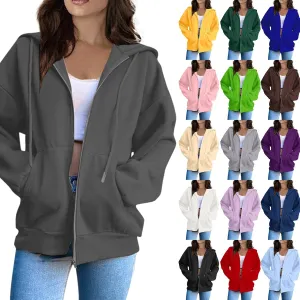 Zip Up Hoodie Women Long Sleeve Oversized Sweatshirts Y2K Jacket Pockets Patchwork Design T-Shirt Hoodie
