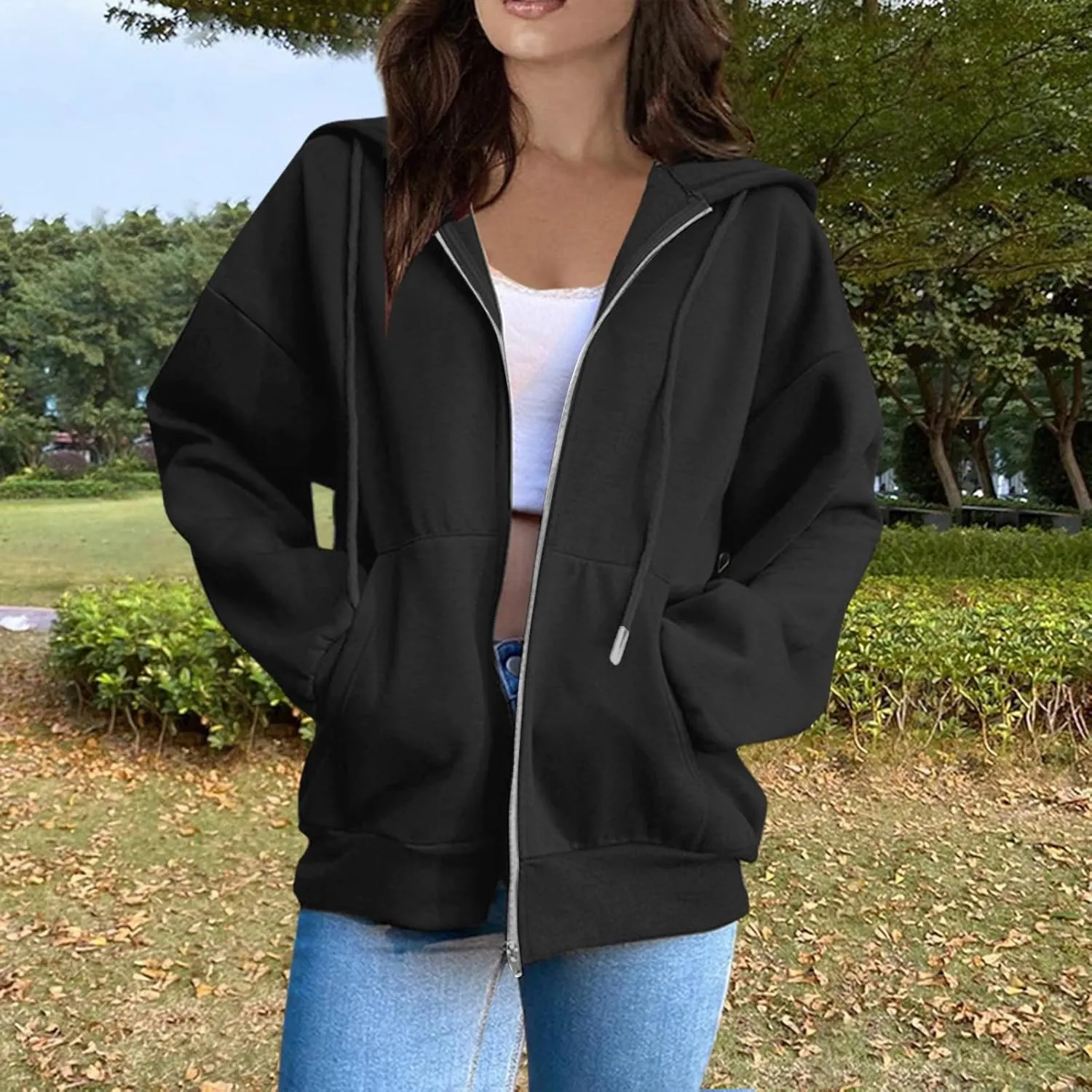 Zip Up Hoodie Women Long Sleeve Oversized Sweatshirts Y2K Jacket Pockets Patchwork Design T-Shirt Hoodie