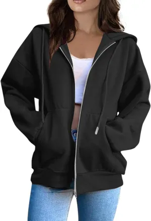 Zip Up Hoodie Women Long Sleeve Oversized Sweatshirts Y2K Jacket Pockets Patchwork Design T-Shirt Hoodie