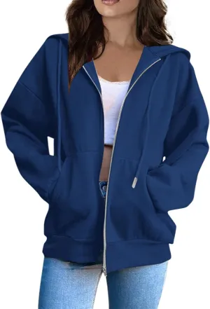 Zip Up Hoodie Women Long Sleeve Oversized Sweatshirts Y2K Jacket Pockets Patchwork Design T-Shirt Hoodie