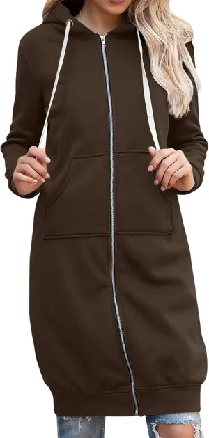 Zip up Hoodie Women Oversized Fall Winter Jacket Fleece Tunic Coats with Pockets Drawstring Outerwear