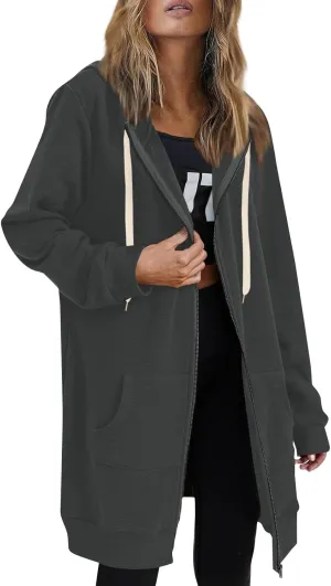 Zip up Hoodie Women Oversized Fall Winter Jacket Fleece Tunic Coats with Pockets Drawstring Outerwear
