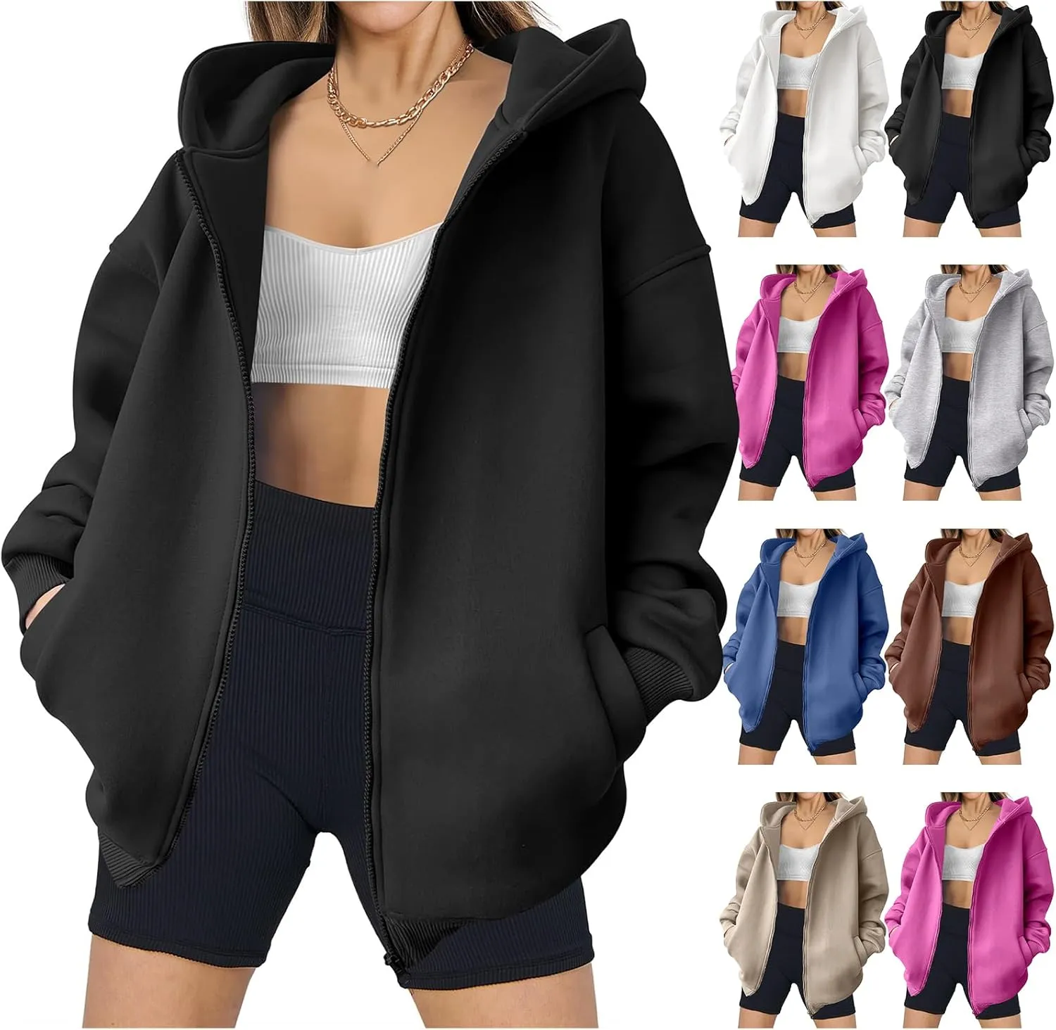 Zip Up Hoodies Women Oversized Sweatshirts Casual Long Sleeve Jackets Workout Y2K Outfits Fall Coats with Pockets