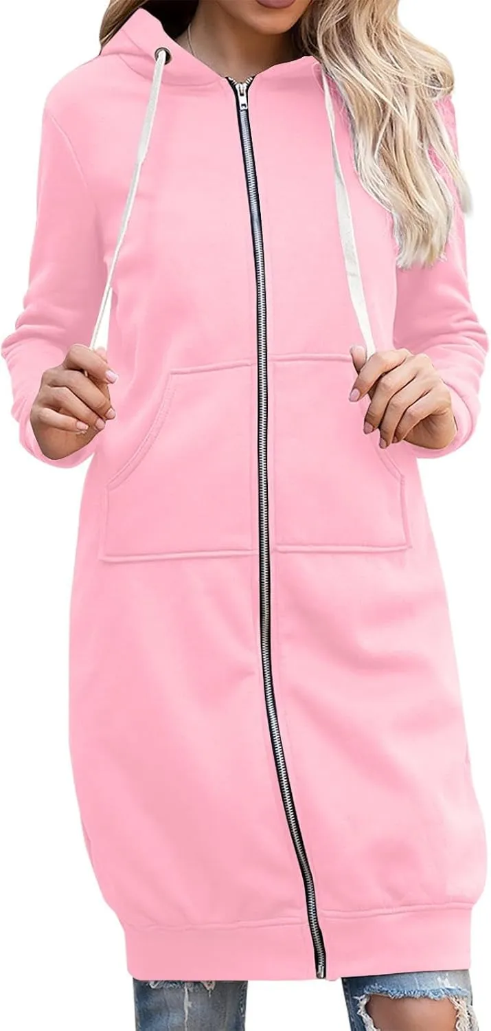 Zip Up Long Hoodie for Women Plus Size Full Zip Long Jackets Fall Winter Casual Fleece Oversized Sweatshirts Dress