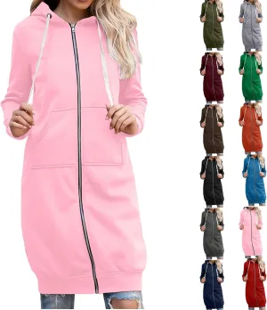 Zip Up Long Hoodie for Women Plus Size Full Zip Long Jackets Fall Winter Casual Fleece Oversized Sweatshirts Dress