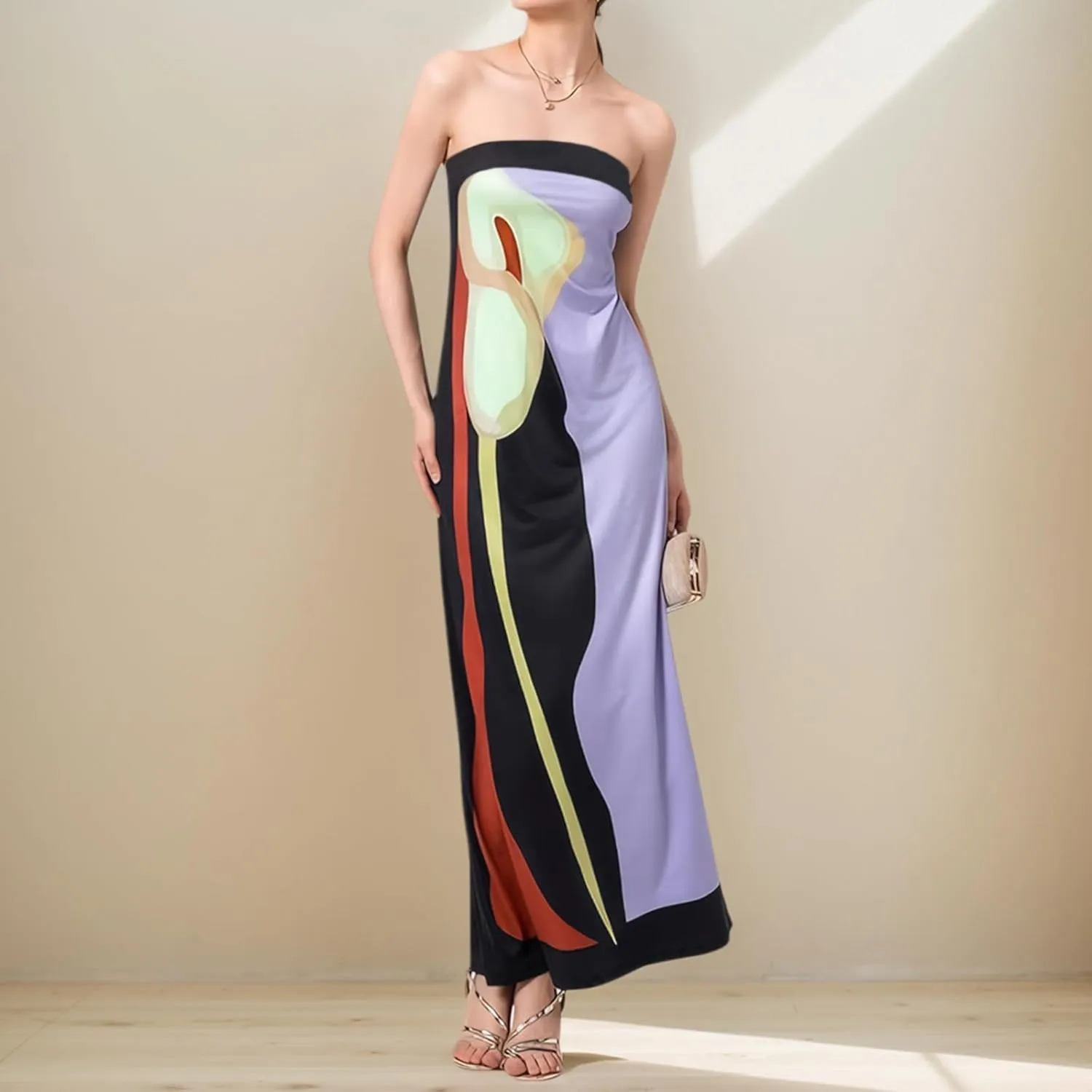 Zwirelz Women Strapless Maxi Dress Boho Floral Print Flowy Long Tube Dress Off Shoulder Loose Beach Sundress Long Tube Dress