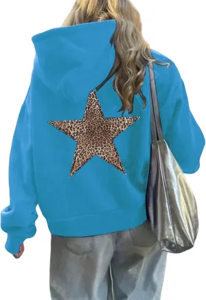 ZWRXW Oversized Graphic Hoodie Sweatshirt for Women Leopard Star Long Sleeve Pullover Sweater Fashion Y2K Outfits Tops